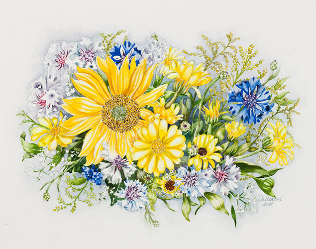 Aquarelle painting, a flower arrangement with peonies